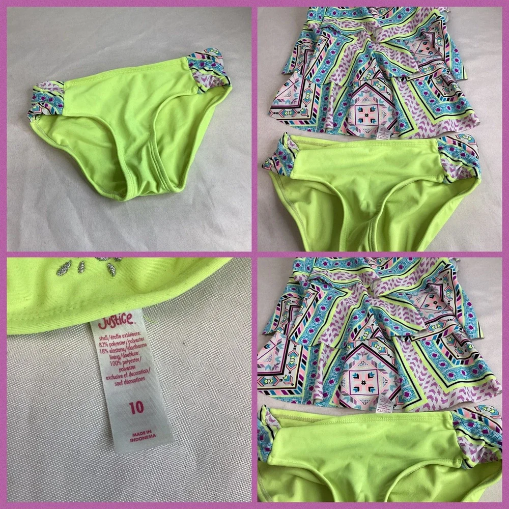 Justice Girls Neon Yellow & Pastel Geo Tankini Swim Set.48